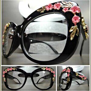 OVERSIZE VINTAGE RETRO Style Clear Lens EYE GLASSES Black Frame Gold Pink Floral